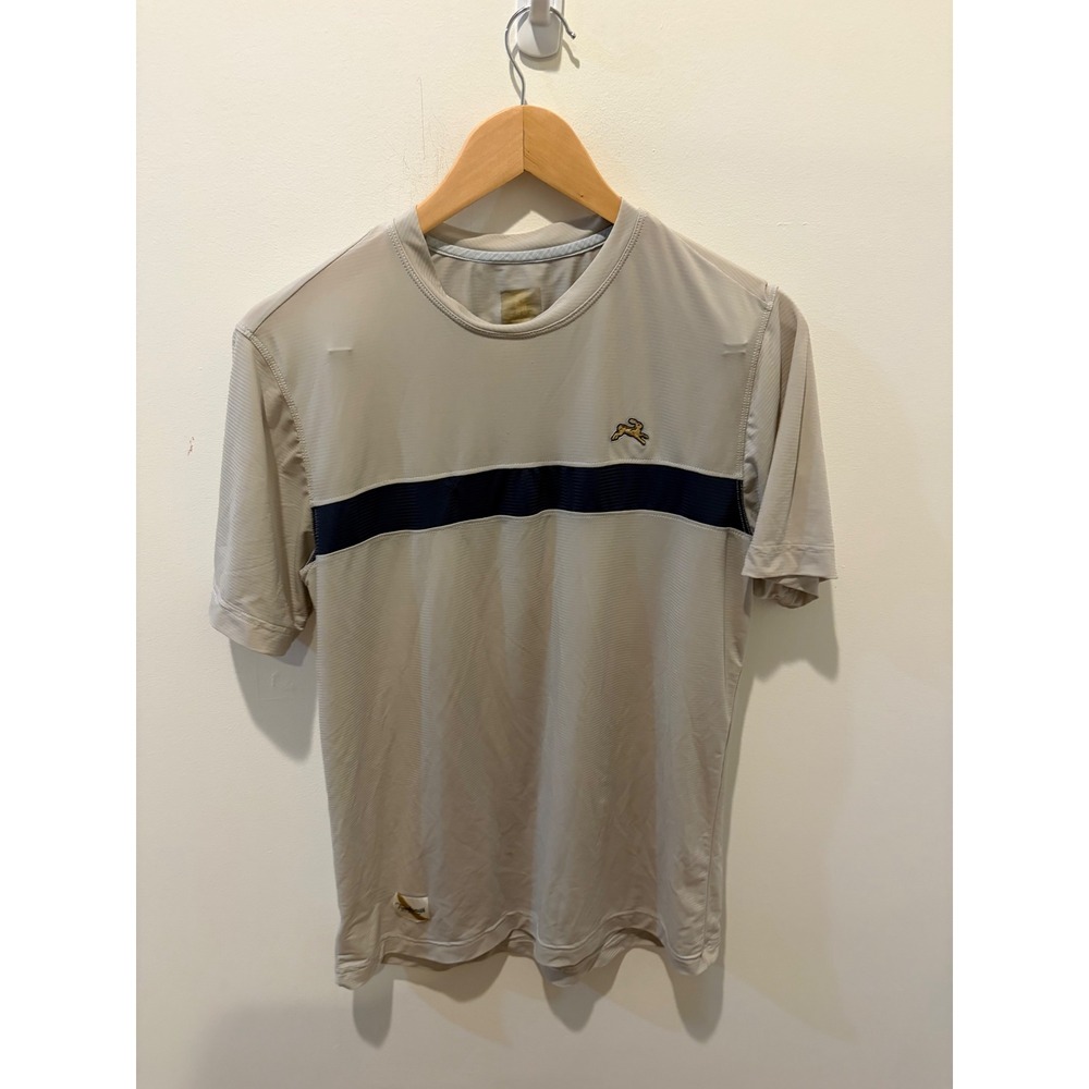 Tracksmith Mens Performance Running Tee Tan Navy Blue Chest Stripe Size M